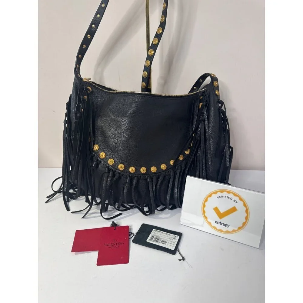 Valentino C-Rockee Fringe Hobo Black Leather Shoulder Bag With Gold Studs